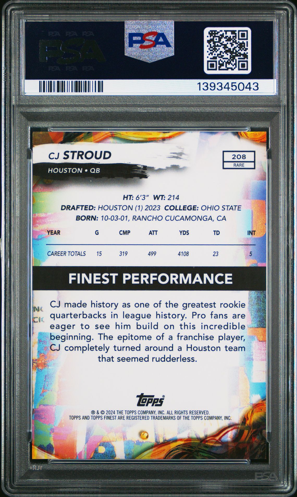 2024 Topps Finest Cj Stroud #208 (Gold Geometric) Gem Mt 10 back