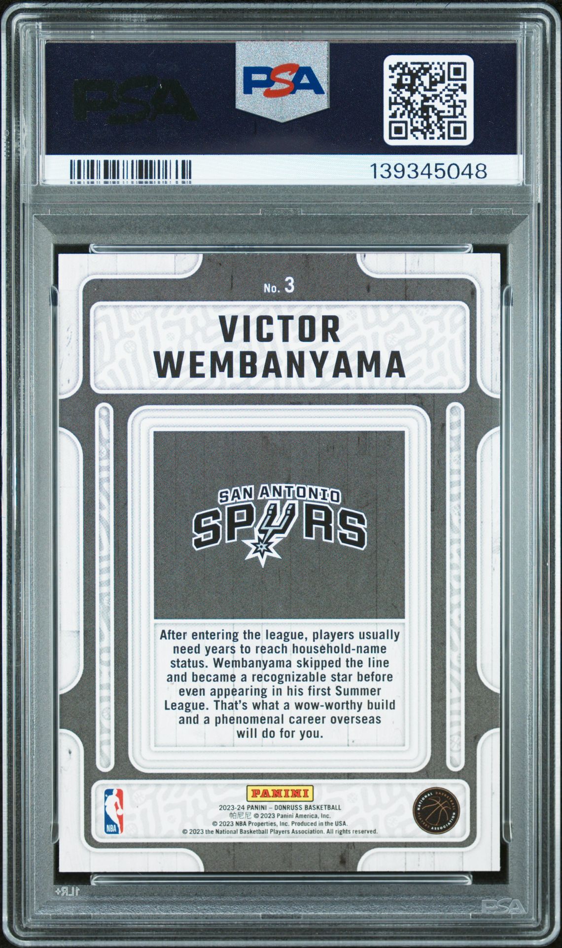 2023 Panini Donruss Hardwood Masters Victor Wembanyama #3 Gem Mt 10 back