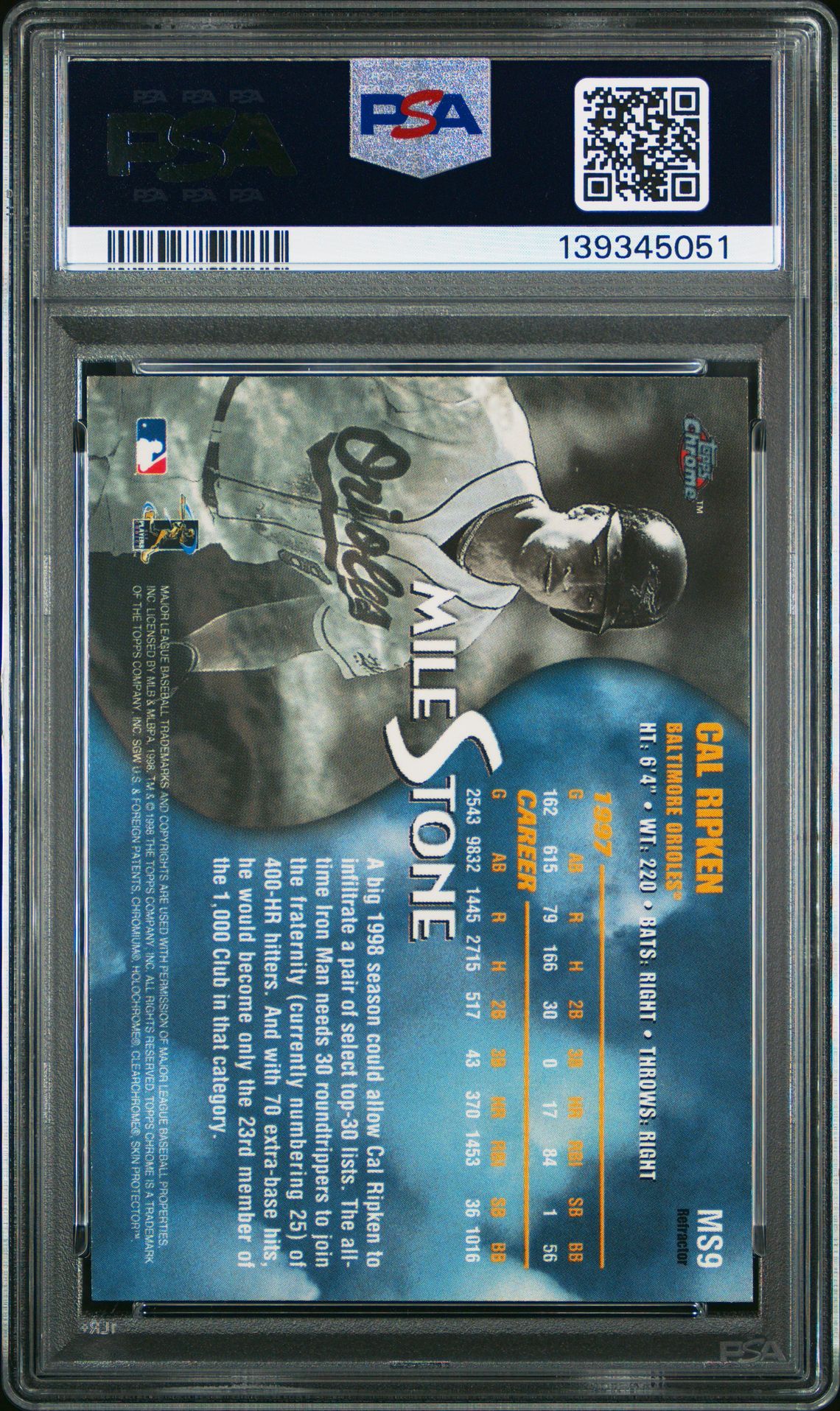 1998 Topps Chrome Milestone Cal Ripken Jr. #Ms9 (Milestone-Refractor) Mint 9 back