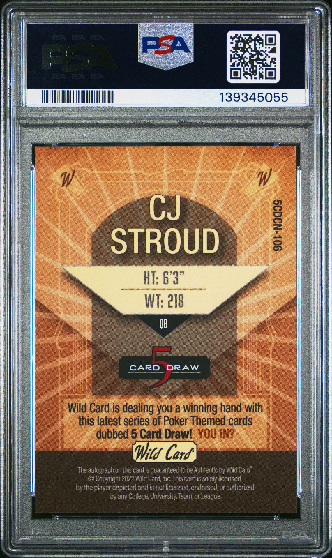 2022 Wild Card 5 Card Draw Autographs Cj Stroud #106 (Au-Cntp-Gold-Blue) Mint 9 back
