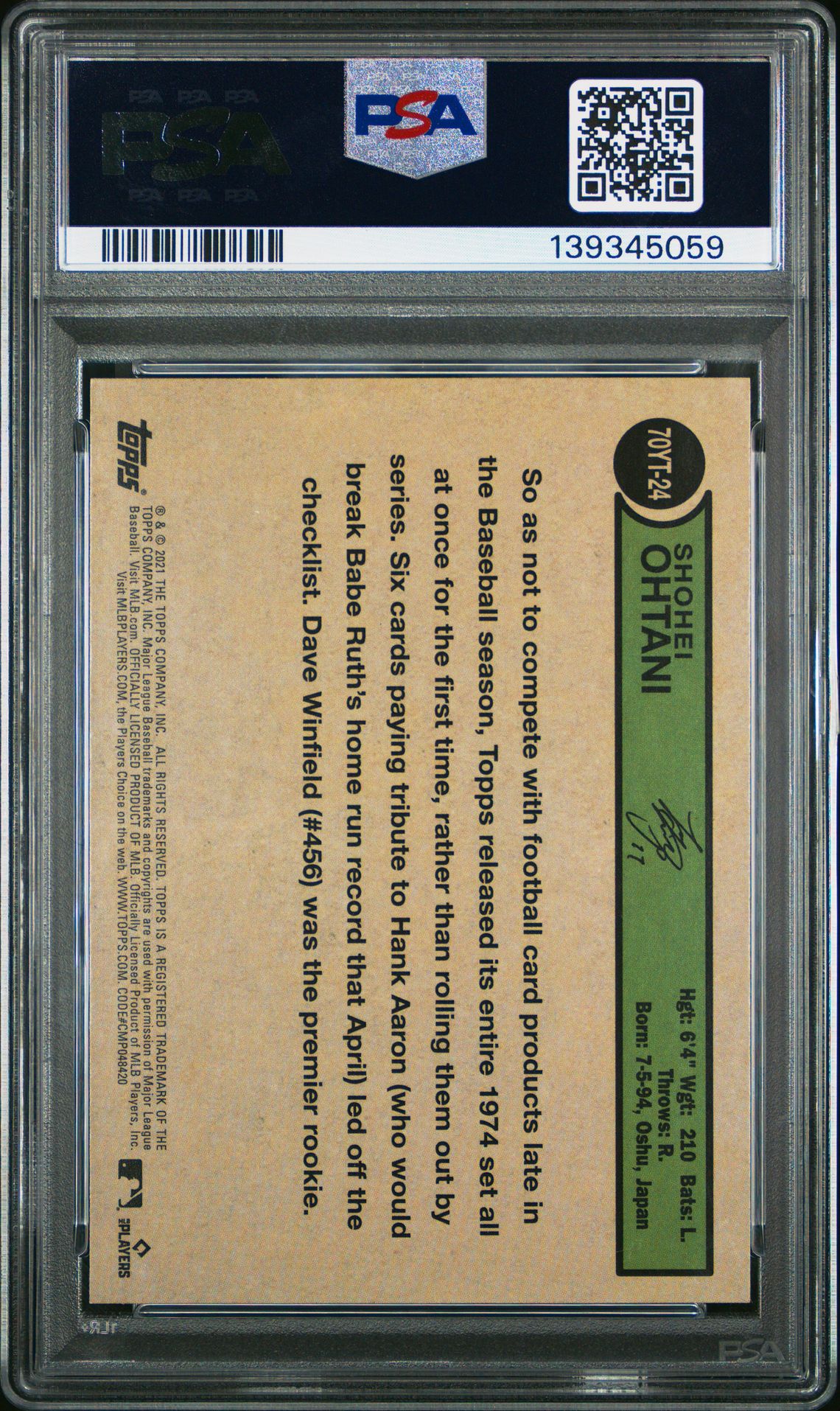 2021 Topps Update 70 Years Of Topps Baseball Shohei Ohtani #70Yt24 (70 Years Of Topps Baseball) Mint 9 back