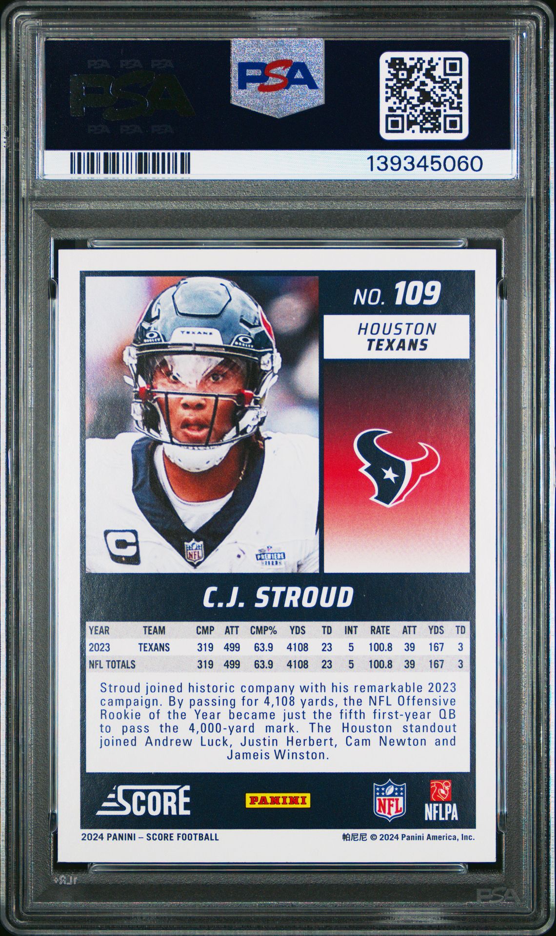 2024 Panini Score Cj Stroud #109 (Extraterrestrial) Gem Mt 10 back