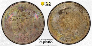1968-Mo 25 Peso Olympic KM-479.1 Rings Align, Straight Tongue MS66