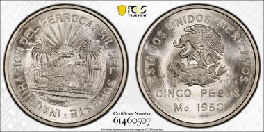 1950-Mo 5 Peso Southeastern Railroad KM-466  Ag MS66