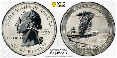 2018-S 25C Block Island NP-Silver Rev PR 50th Anniversary Set First Strike PR70