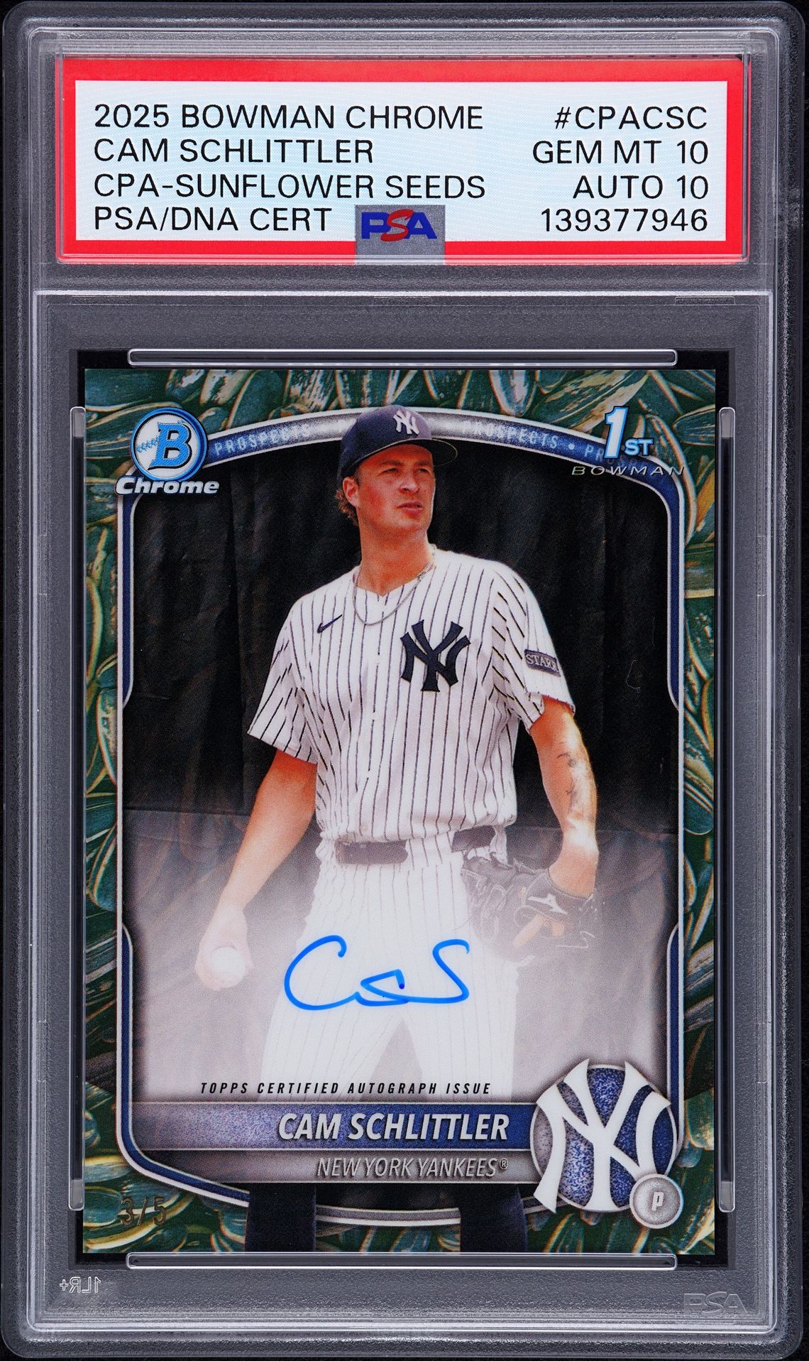 2025 Bowman BOWMAN CHROME PROSPECT AUTOGRAPHS CPA-SUNFLOWER SEEDS #CPACSC Cam Schlittler front