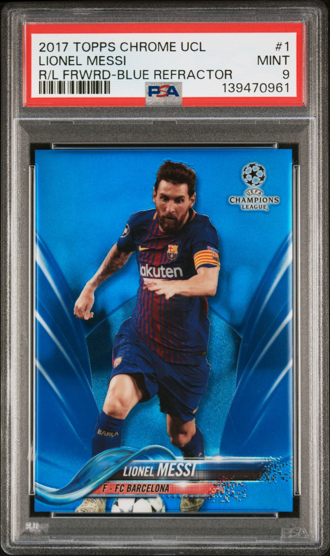 2017 Topps Chrome TOPPS CHROME UEFA CHAMPIONS LEAGUE R/L FRWRD-BLUE REFRACTOR #1 Lionel Messi front