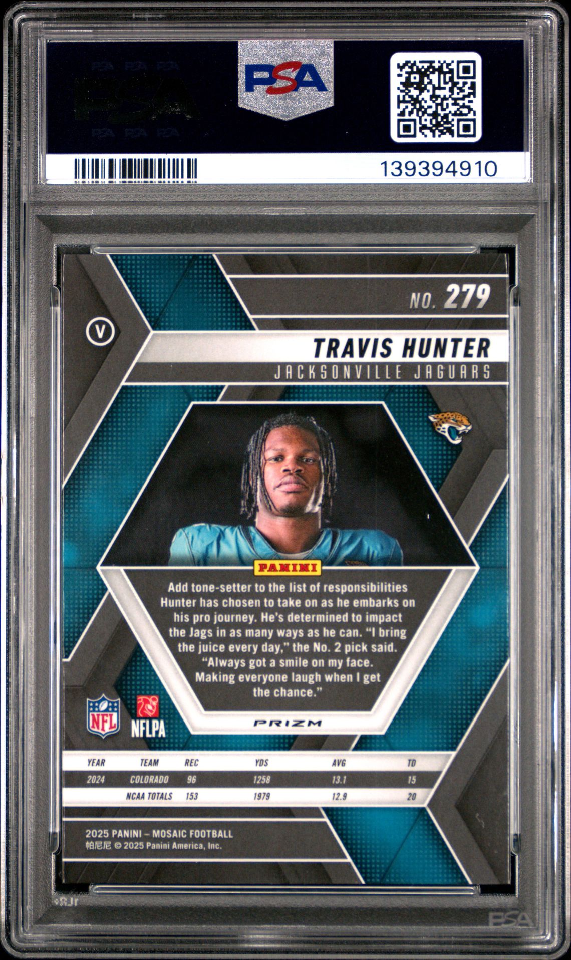 2025 Panini Mosaic Travis Hunter #279 (Green) Gem Mt 10 back