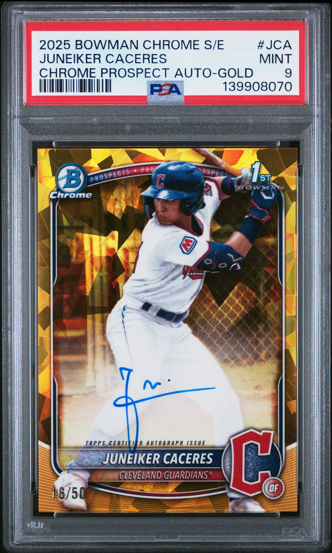 2025 Bowman Chrome BOWMAN CHROME SAPPHIRE EDITION CHROME PROSPECTS AUTOGRAPHS CHROME PROSPECT AUTO-GOLD #JCA Juneiker Caceres front