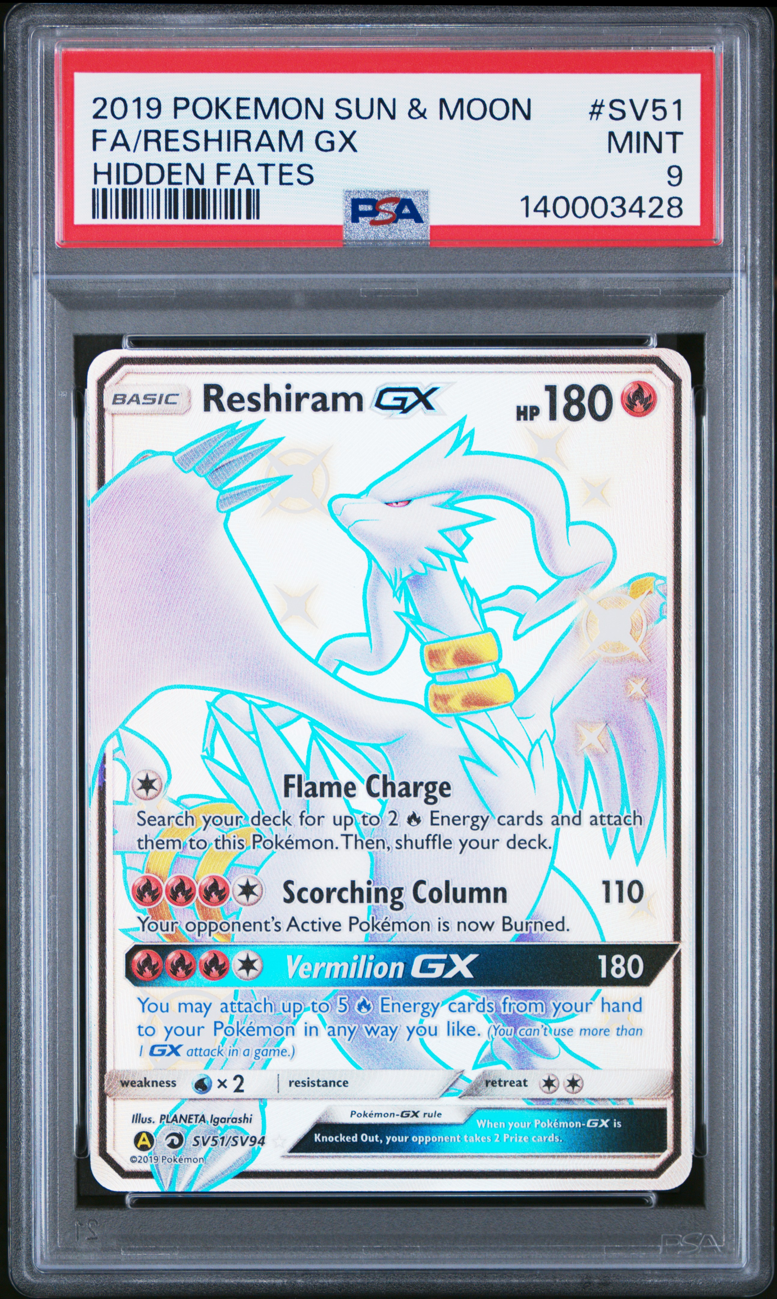 2019 #SV51 Full Art/Reshiram GX PSA 9 Sun & Moon Hidden Fates Pokemon