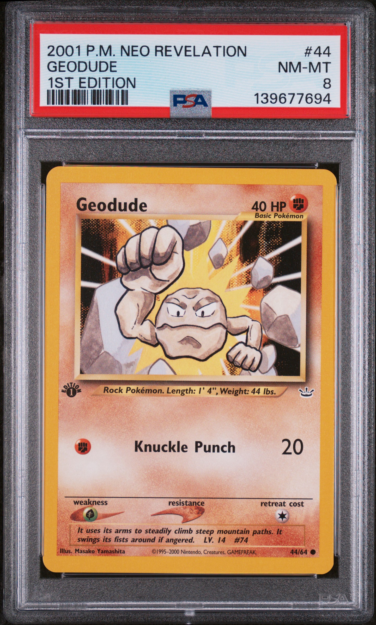 2001 #44 Geodude 1st Edition PSA 8 Neo Revelation