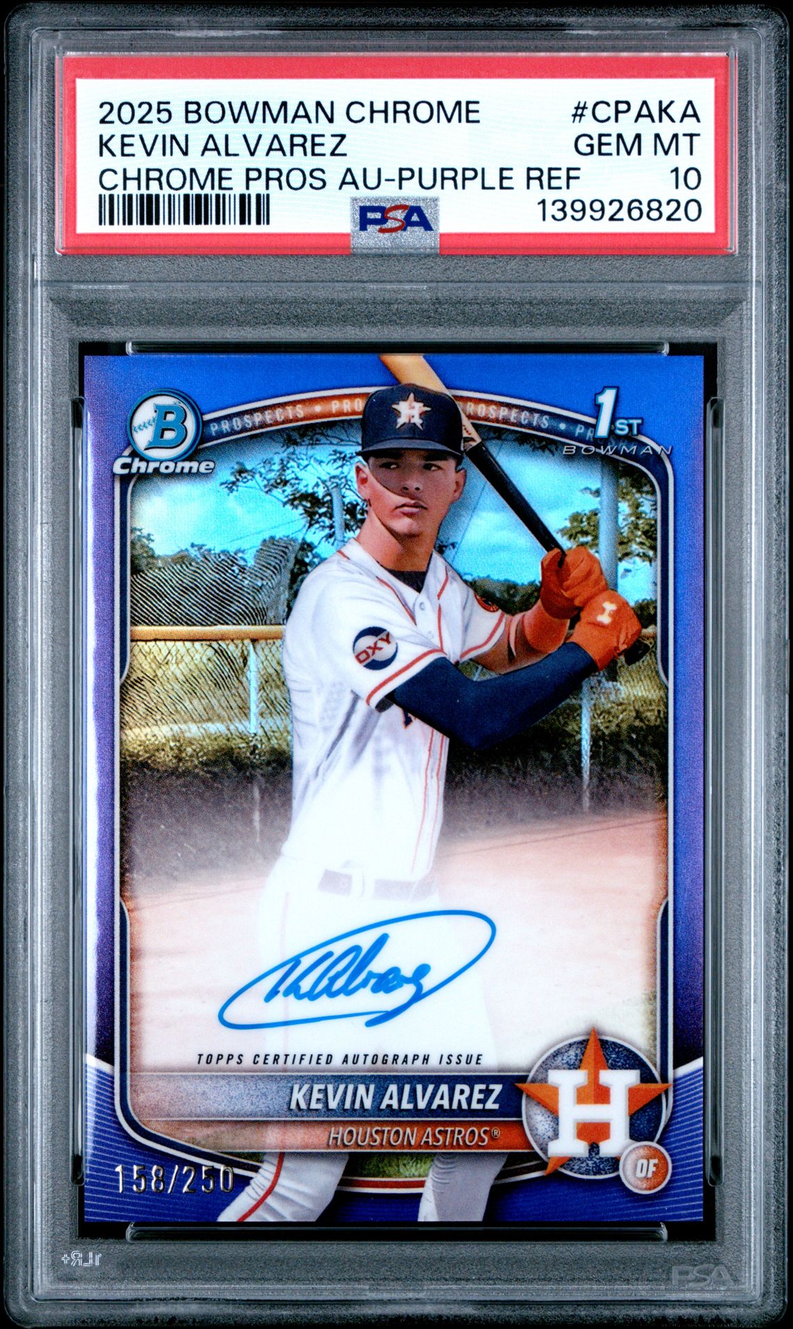 2025 Bowman BOWMAN CHROME PROSPECT AUTOGRAPHS CHROME PROS AU-PURPLE REF #CPAKA Kevin Alvarez front