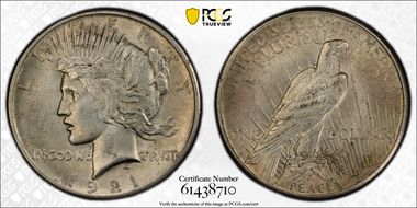 1921 $1 High Relief, Peace N1