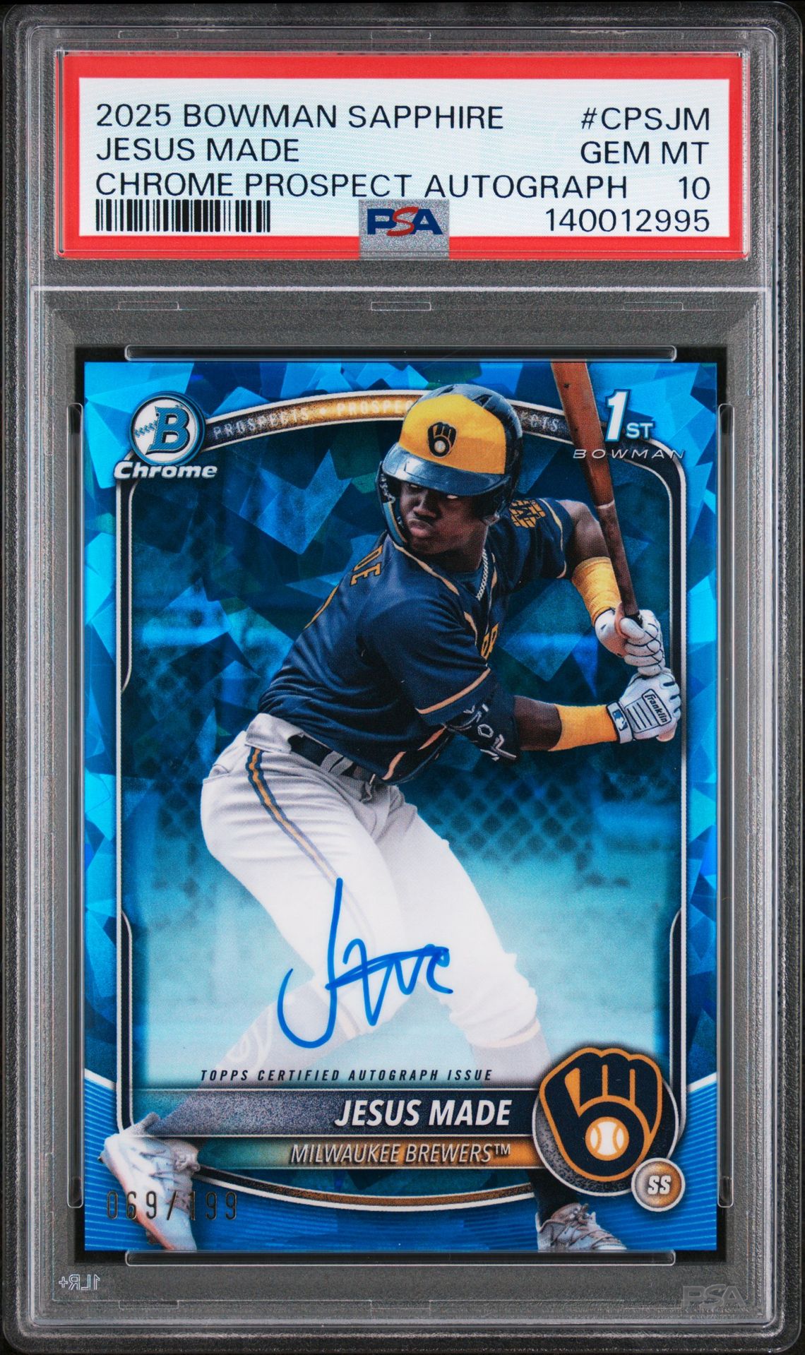 2025 Bowman BOWMAN SAPPHIRE EDITION CHROME PROSPECTS SAPPHIRE AUTOGRAPHS CHROME PROSPECT AUTOGRAPH #CPSJM Jesus Made front