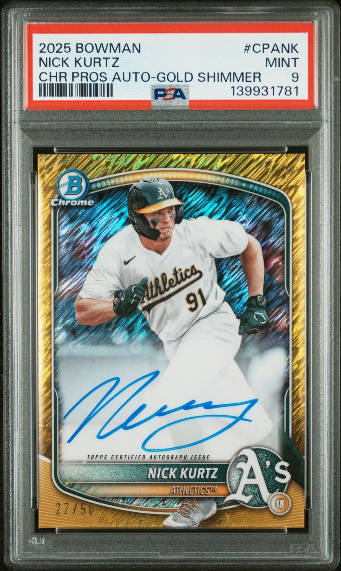 2025 Bowman BOWMAN CHROME PROSPECT AUTOGRAPHS CHR PROS AUTO-GOLD SHIMMER #CPANK Nick Kurtz front