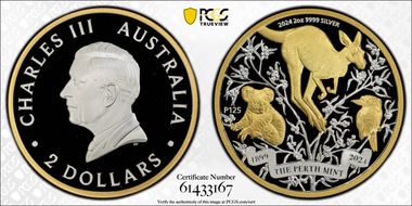 2024-P125 $2 Perth Mint 125th Ann. 2oz Ag Selective Gilt PR70DCAM