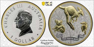 2024-P125 $1 Perth Mint 125th Anniv Ag Selective Gilt MS70