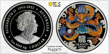 2024-P125 $1 Year of the Dragon Orange Ag Colorized PR70DCAM