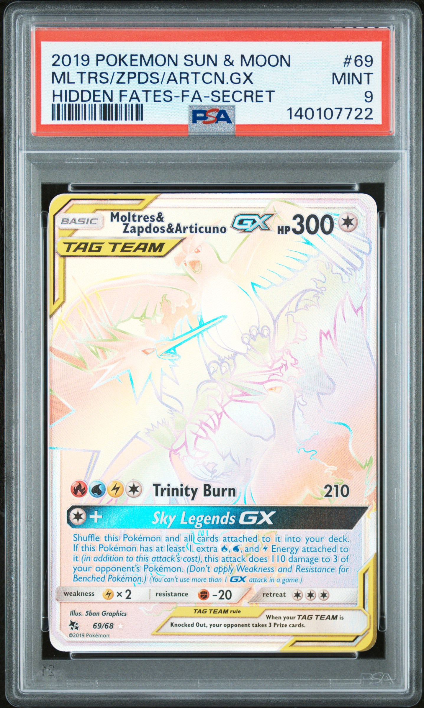 2019 #69 Full Art/Moltres & Zapdos & Articuno GX PSA 9 Sun & Moon Hidden Fates Pokemon
