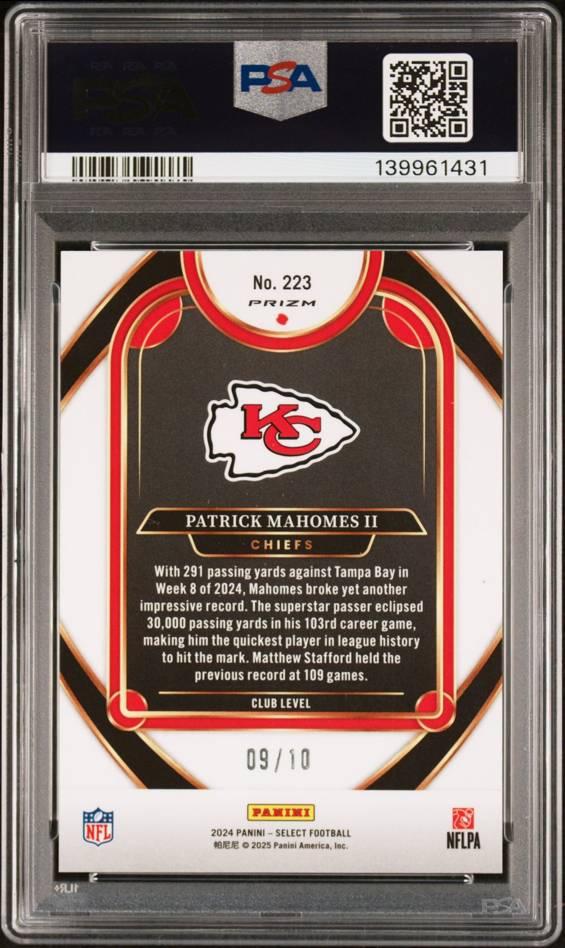 2024 Panini Select Patrick Mahomes Ii #223 (Gold Prizm) Mint 9 back