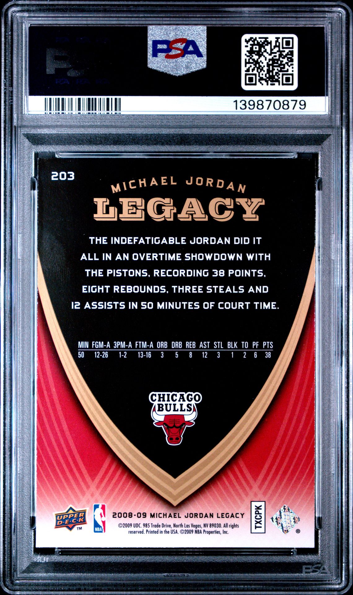 2008 Upper Deck Jordan Legacy Michael Jordan #203 (Jordan Legacy) Gem Mt 10 back view - PSA certificate #139870879