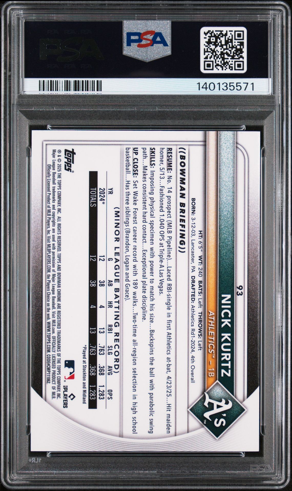 2025 Bowman Chrome Mega Box Nick Kurtz #93 (Image Variation) Gem Mt 10 back