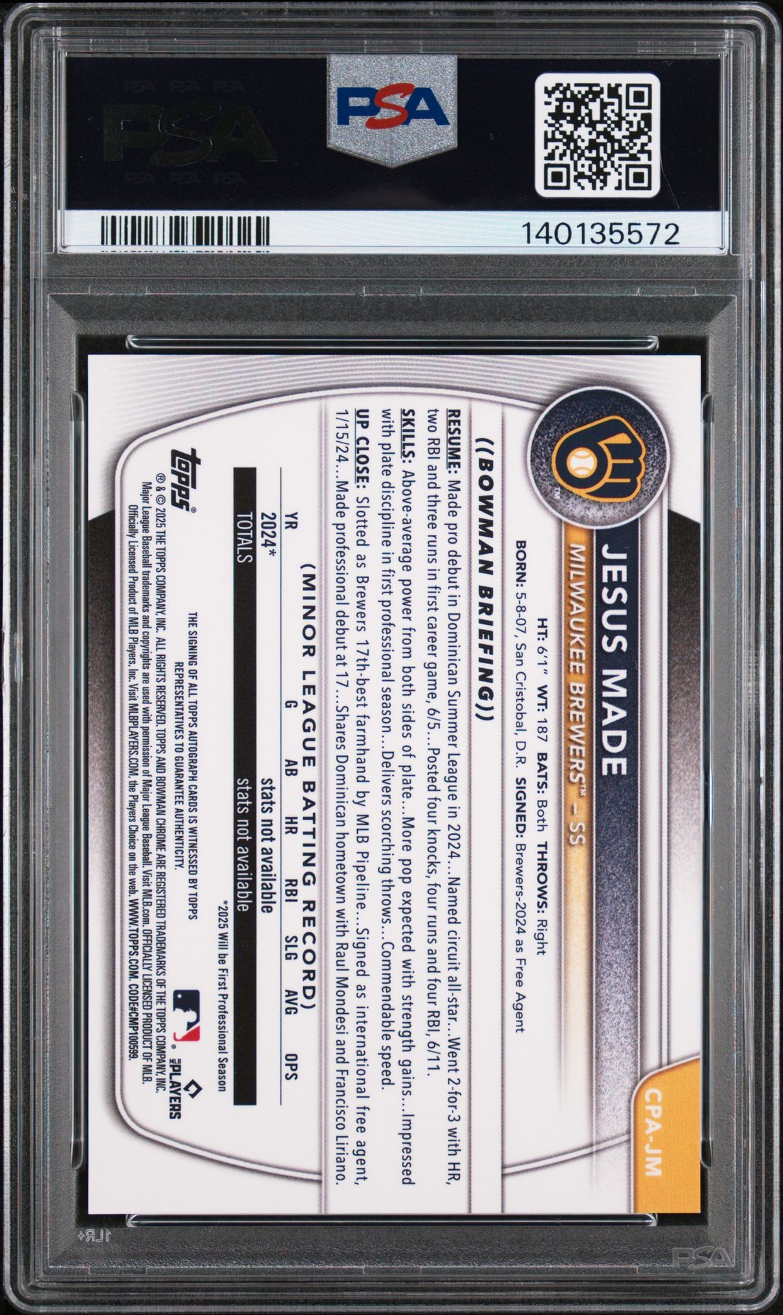 2025 Bowman Chrome Prospect Autographs Jesus Made #Cpajm (Chrome Pros Au-Speckle Ref) Mint 9 back