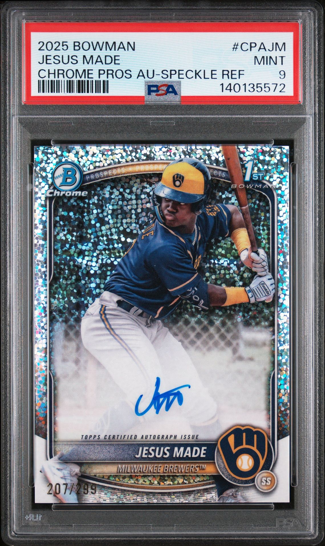 2025 Bowman Chrome Prospect Autographs Jesus Made #Cpajm (Chrome Pros Au-Speckle Ref) Mint 9 front