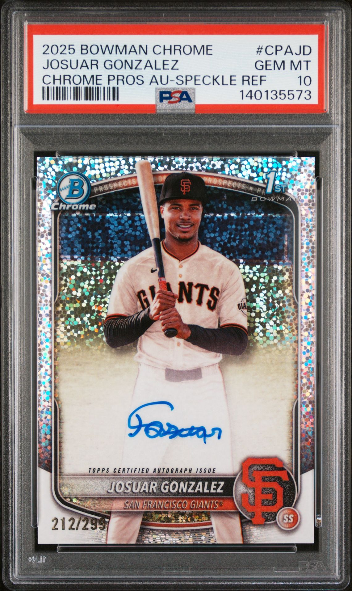 2025 Bowman Chrome Prospect Autographs Josuar Gonzalez #Cpajd (Chrome Pros Au-Speckle Ref) Gem Mt 10 front