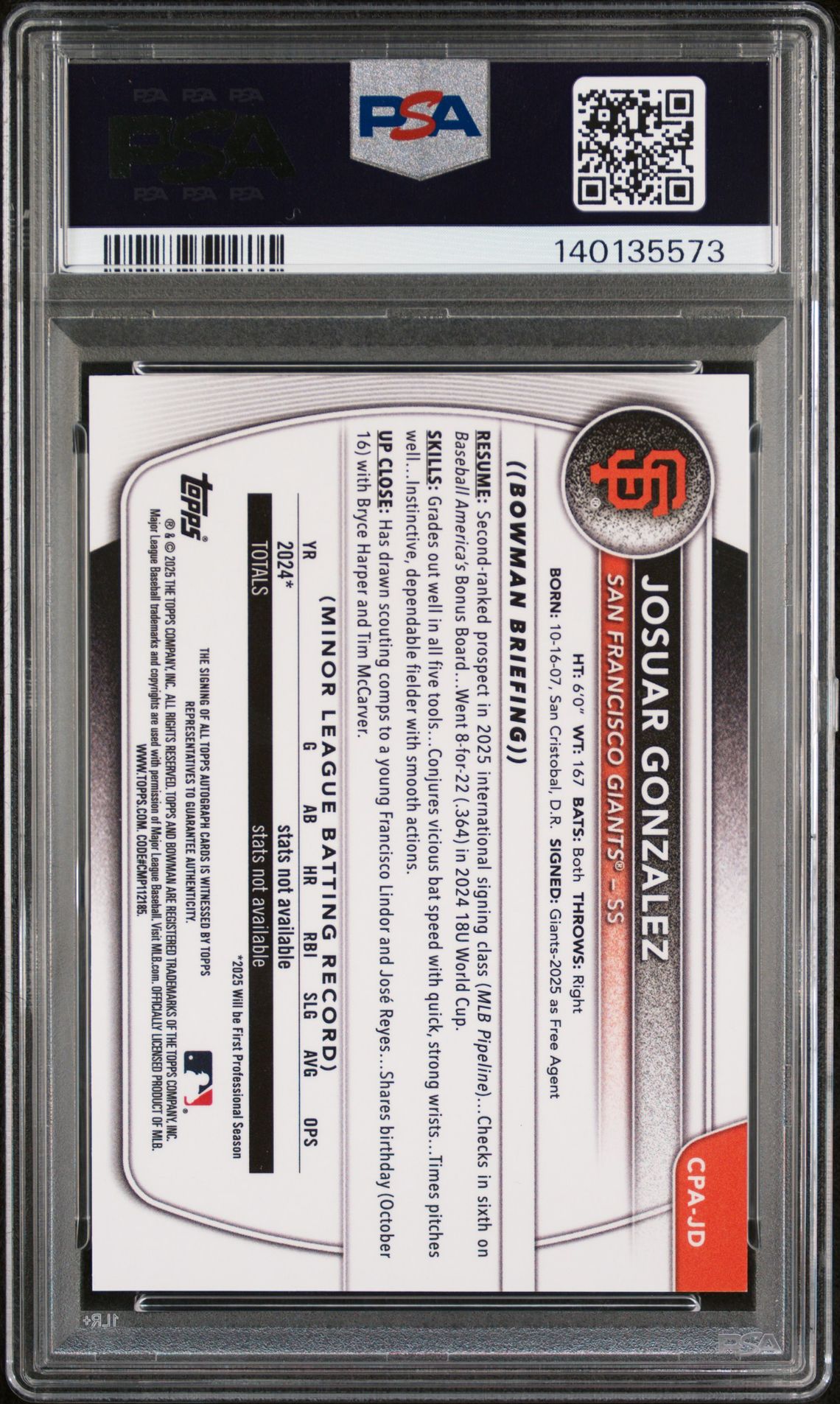 2025 Bowman Chrome Prospect Autographs Josuar Gonzalez #Cpajd (Chrome Pros Au-Speckle Ref) Gem Mt 10 back