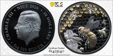 2026 $10 Australian Honey Bee 5oz Ag - Selective Gilt PR70DCAM