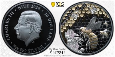 2026 $10 Australian Honey Bee 5oz Ag - Selective Gilt PR70DCAM