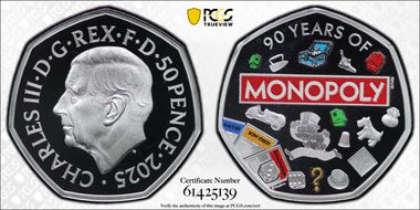 2025 50p 90th Ann. Monopoly Ag Colorized PR69DCAM