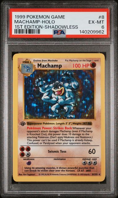 1999 Pokemon POKEMON GAME 1ST EDITION-SHADOWLESS #8 Machamp-Holo front