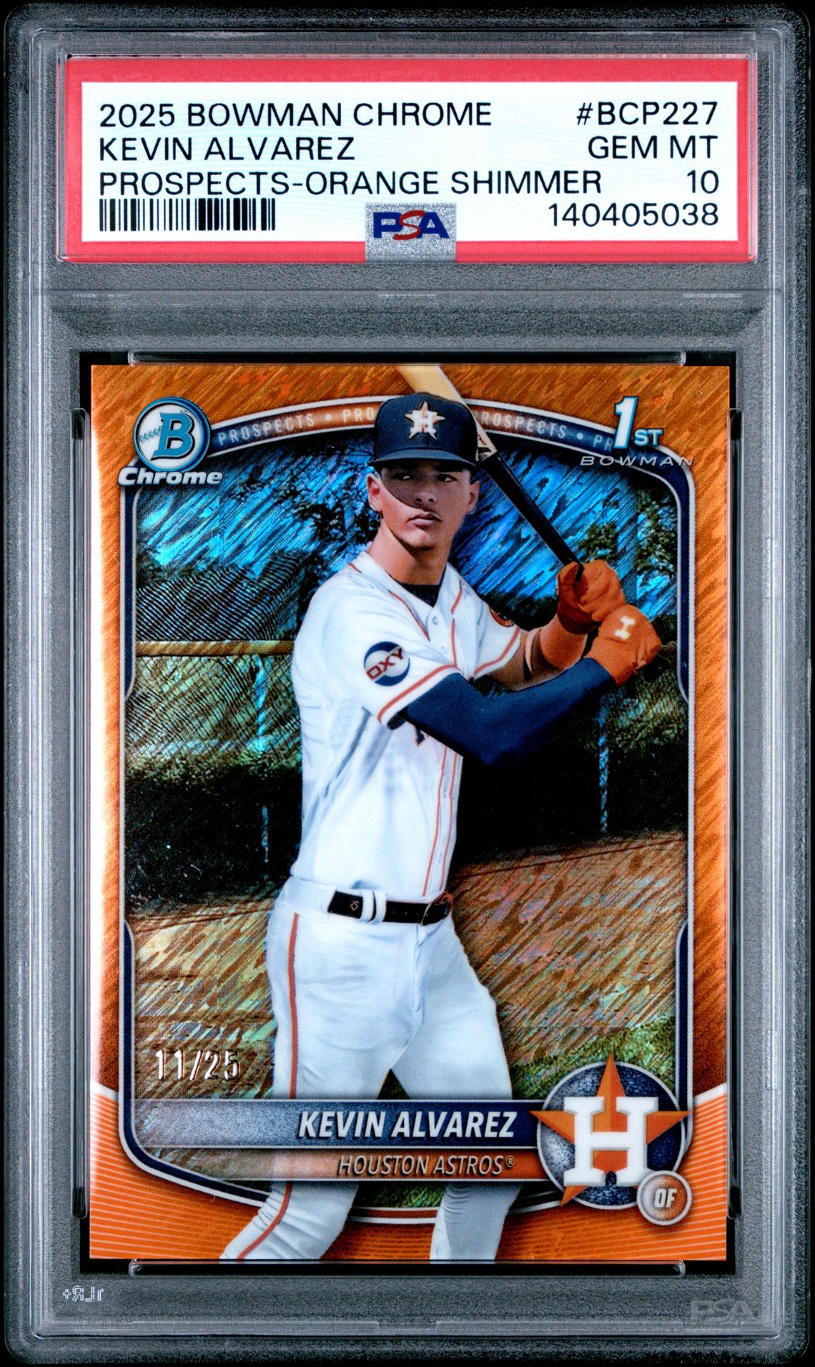 2025 Bowman BOWMAN CHROME PROSPECTS ORANGE SHIMMER #BCP227 Kevin Alvarez front