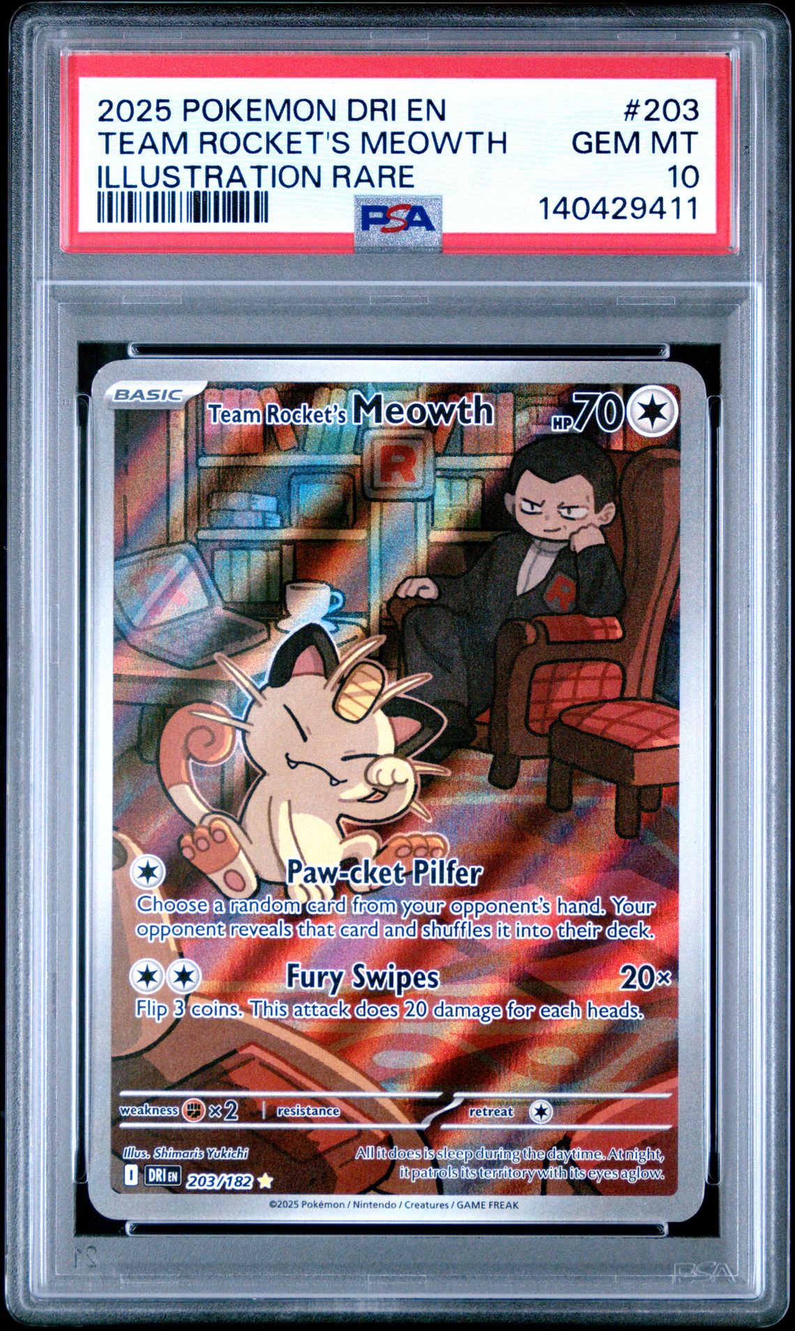 2025 Pokemon Dri En-Destined Rivals Team Rocket's Meowth #203 (Illustration Rare) Gem Mt 10 front