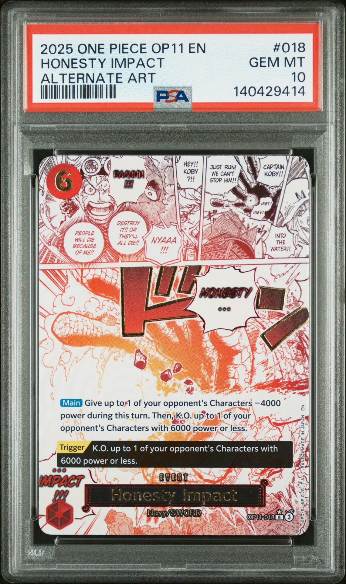 2025 One Piece Op11-A Fist Of Divine Speed Honesty Impact #018 (Alternate Art) Gem Mt 10 front
