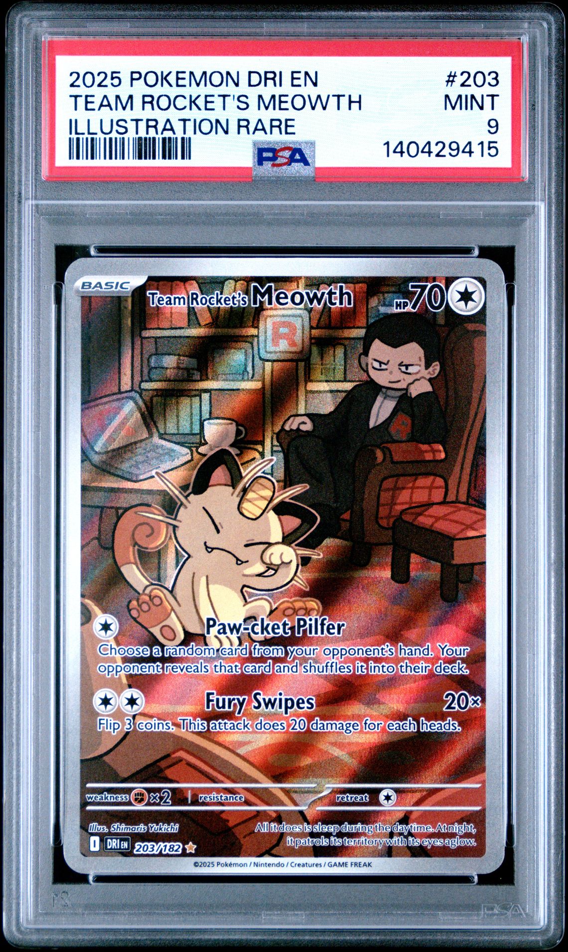 2025 Pokemon Dri En-Destined Rivals Team Rocket's Meowth #203 (Illustration Rare) Mint 9 front