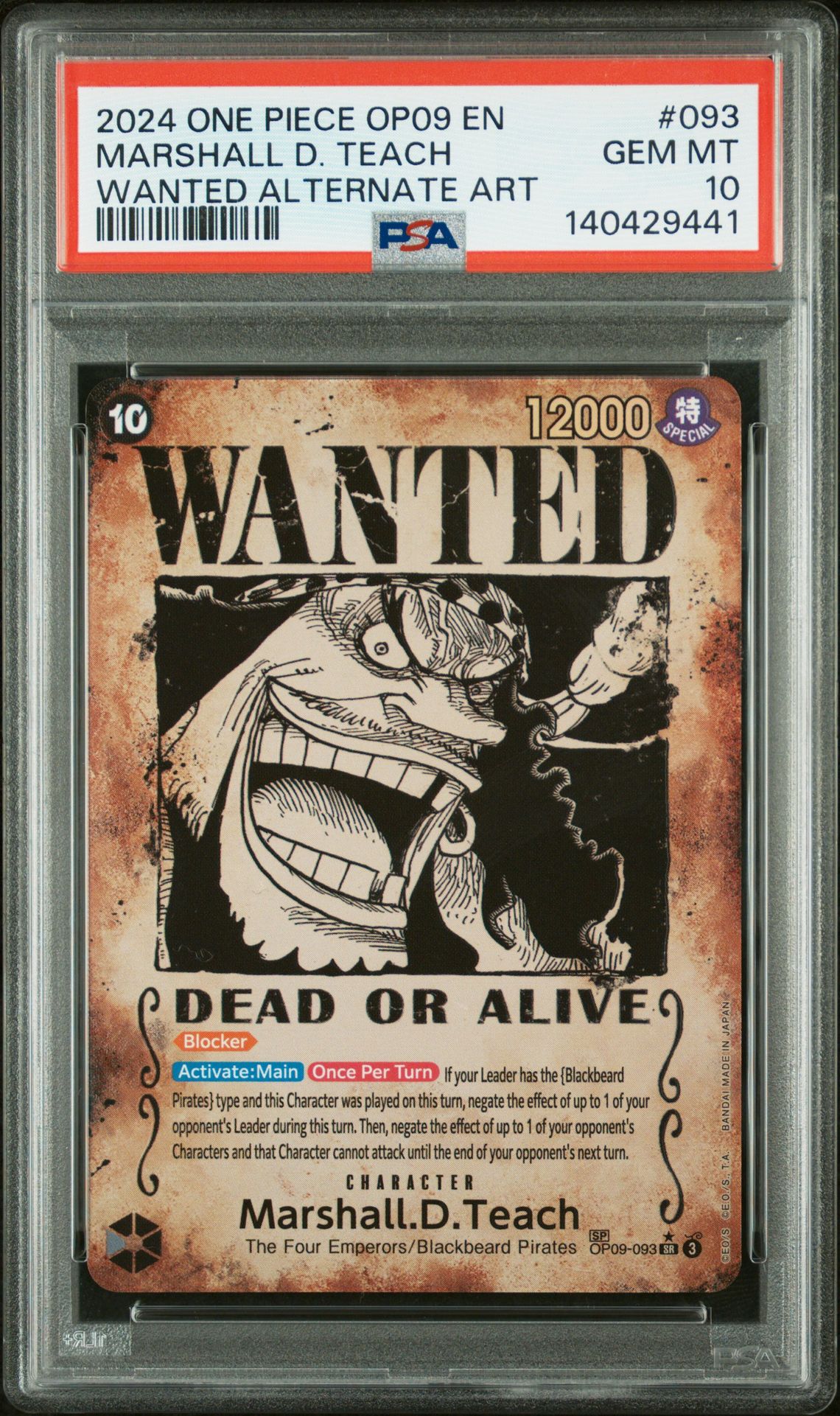 2024 One Piece Op09-Emperors In The New World Marshall D. Teach #093 (Wanted Alternate Art) Gem Mt 10 front