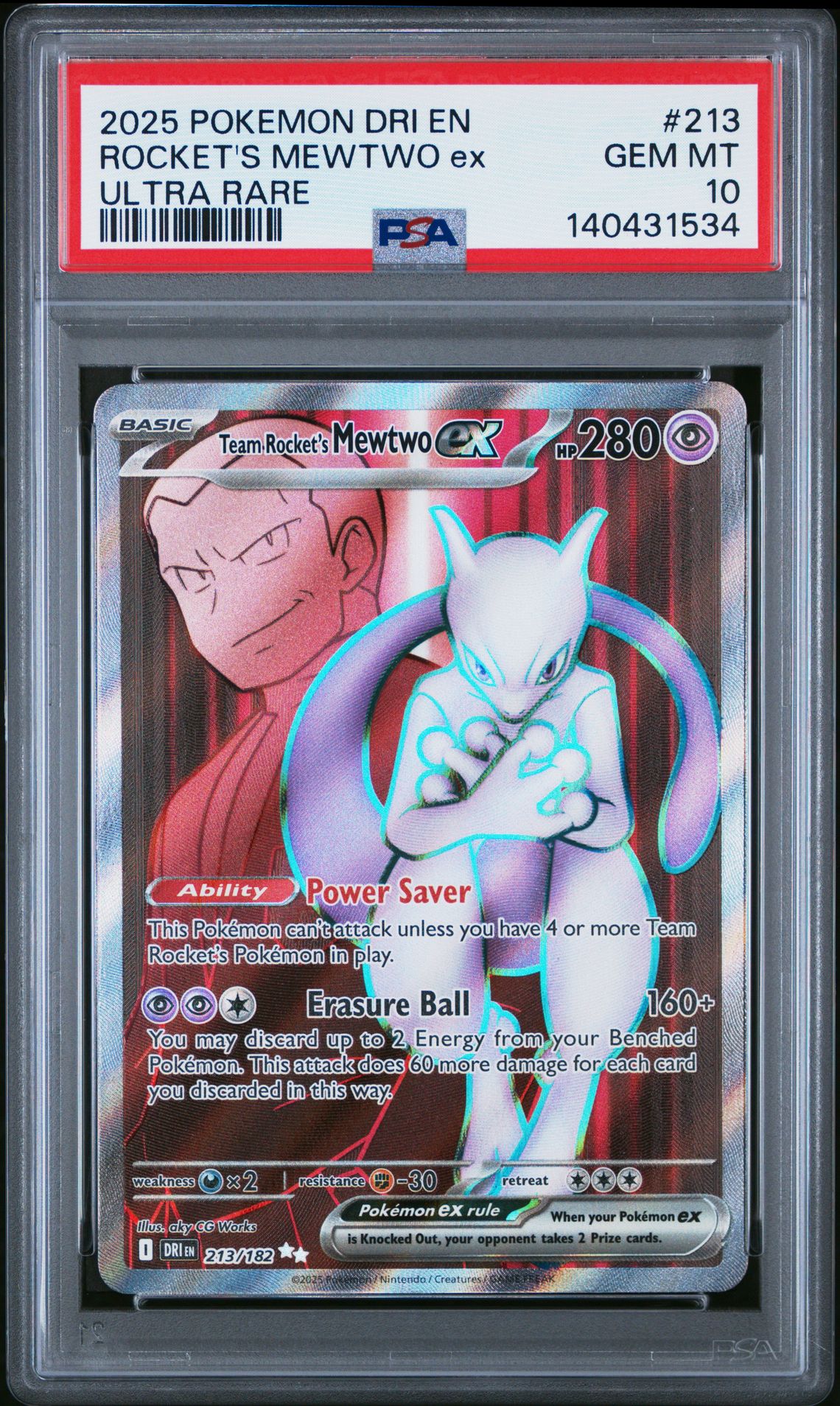 2025 Pokemon Dri En-Destined Rivals Rocket's Mewtwo Ex #213 (Ultra Rare) Gem Mt 10 front