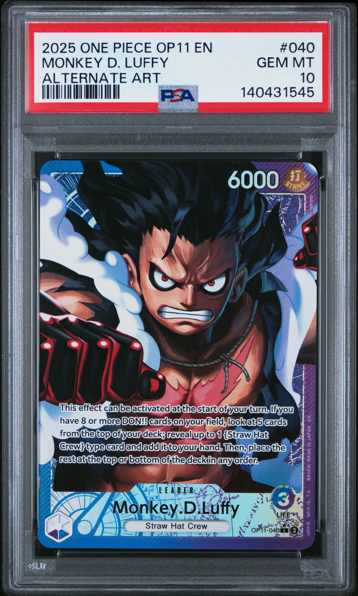 2025 One Piece Op11-A Fist Of Divine Speed Monkey D. Luffy #040 (Alternate Art) Gem Mt 10 front