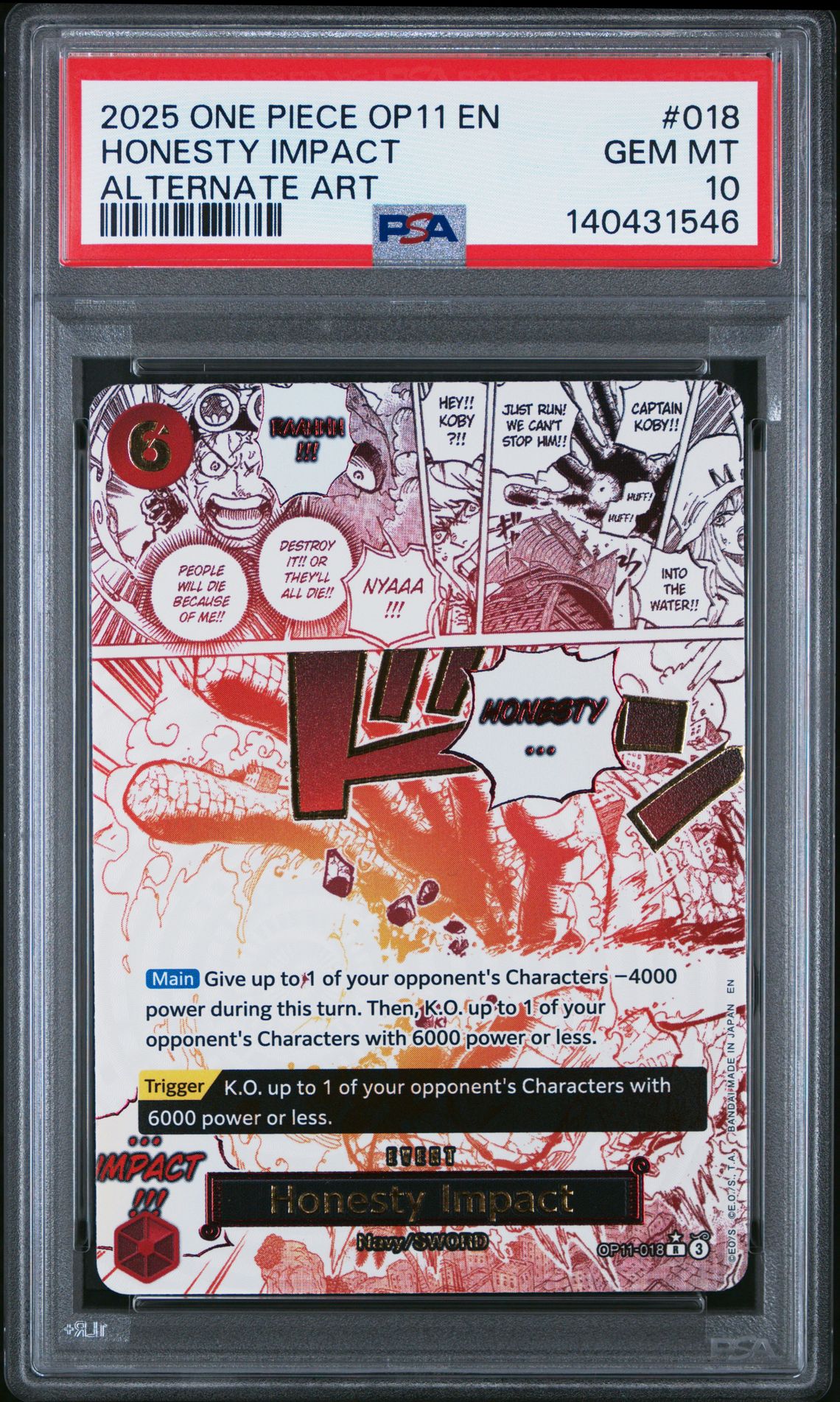 2025 One Piece Op11-A Fist Of Divine Speed Honesty Impact #018 (Alternate Art) Gem Mt 10 front