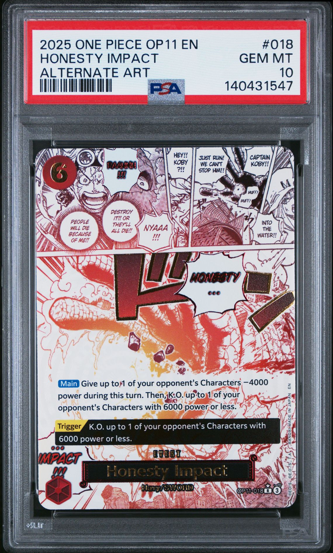 2025 One Piece Op11-A Fist Of Divine Speed Honesty Impact #018 (Alternate Art) Gem Mt 10 front