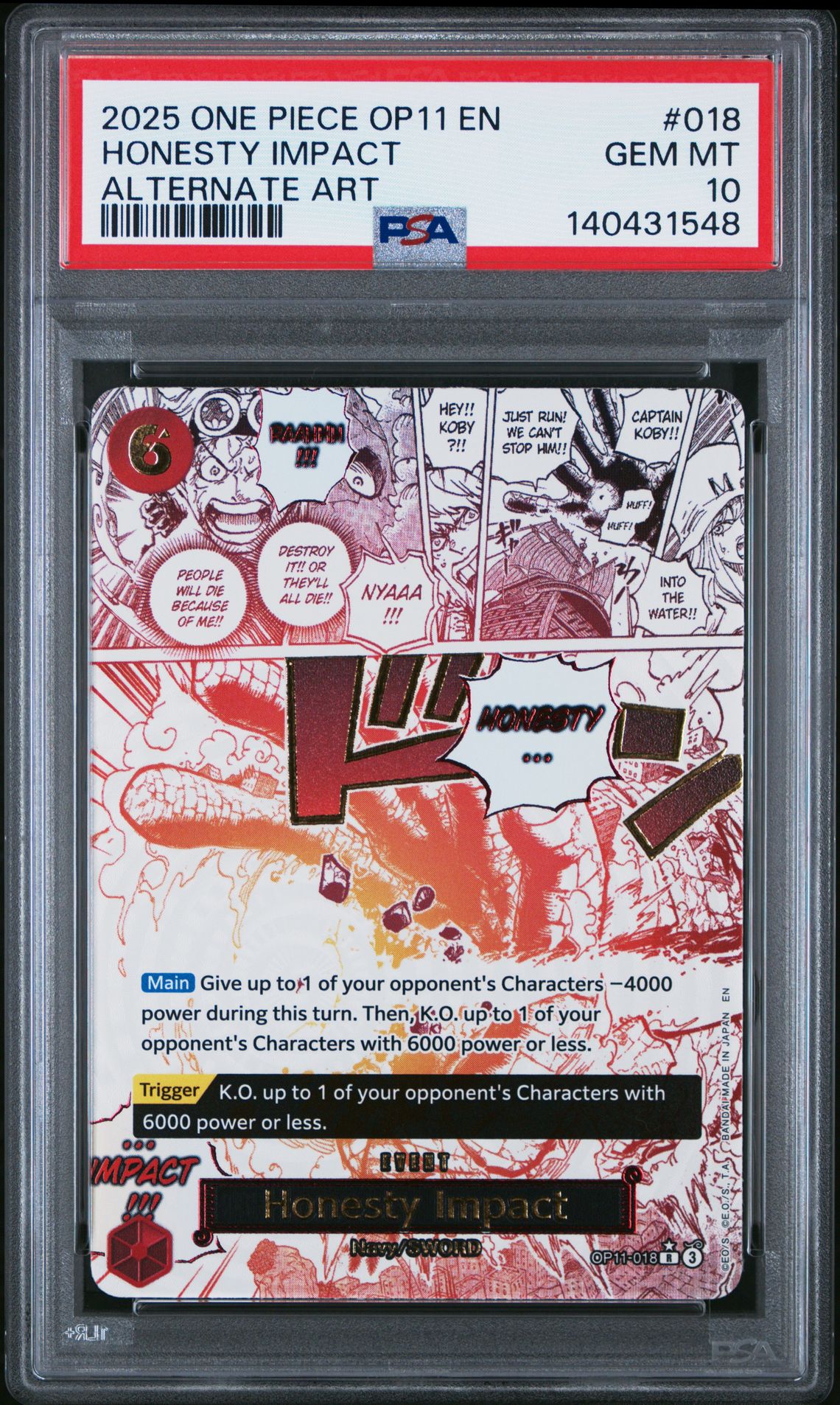 2025 One Piece Op11-A Fist Of Divine Speed Honesty Impact #018 (Alternate Art) Gem Mt 10 front