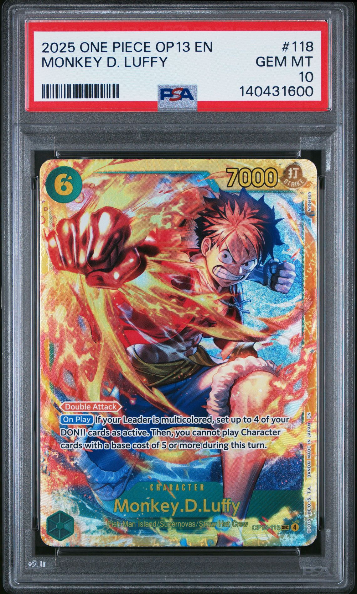 2025 One Piece Op13-Carrying On His Will Monkey D. Luffy #118 Gem Mt 10 front