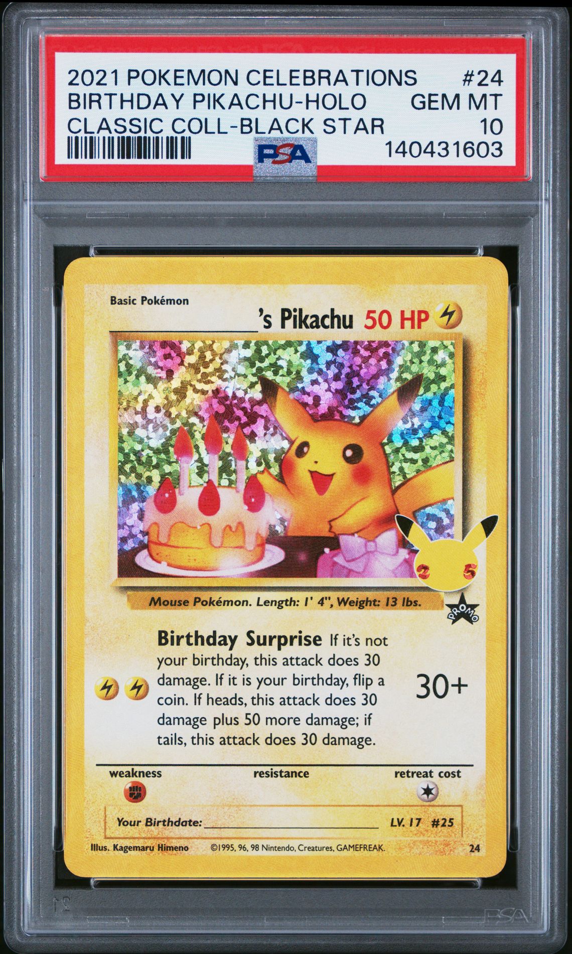 2021 Pokemon Celebrations Classic Collection Birthday Pikachu-Holo #24 (Classic Coll-Black Star) Gem Mt 10 front