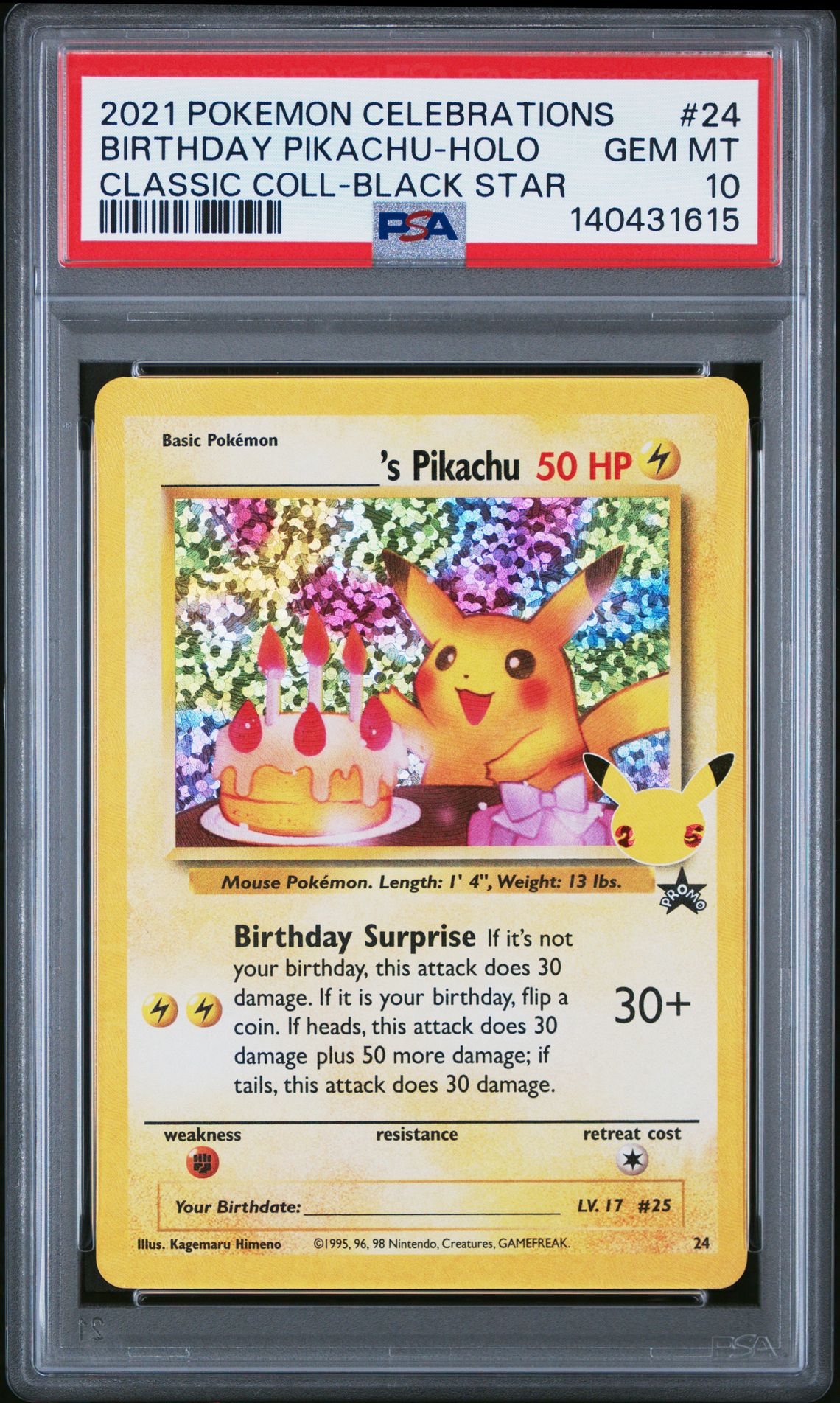 2021 Pokemon Celebrations Classic Collection Birthday Pikachu-Holo #24 (Classic Coll-Black Star) Gem Mt 10 front