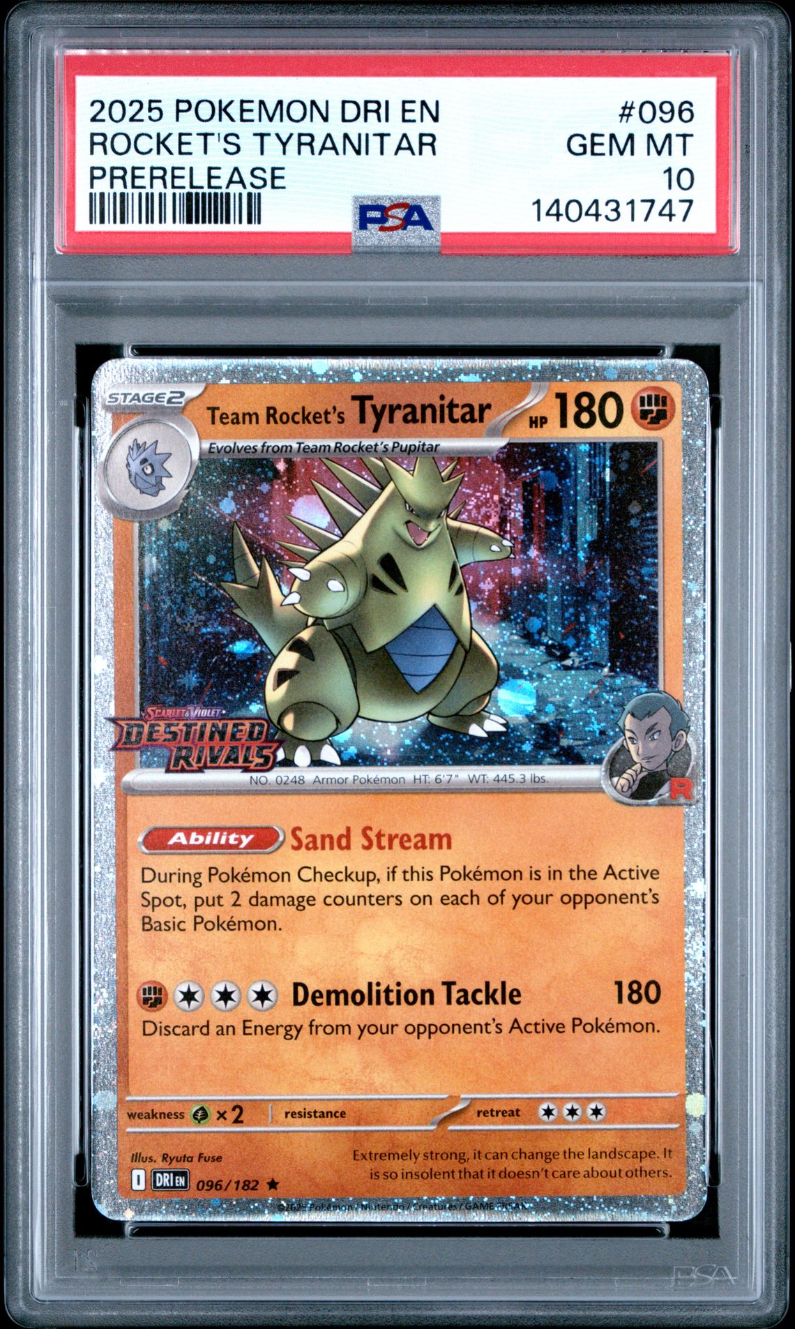 2025 Pokemon Dri En-Destined Rivals Rocket's Tyranitar #096 (Prerelease) Gem Mt 10 front