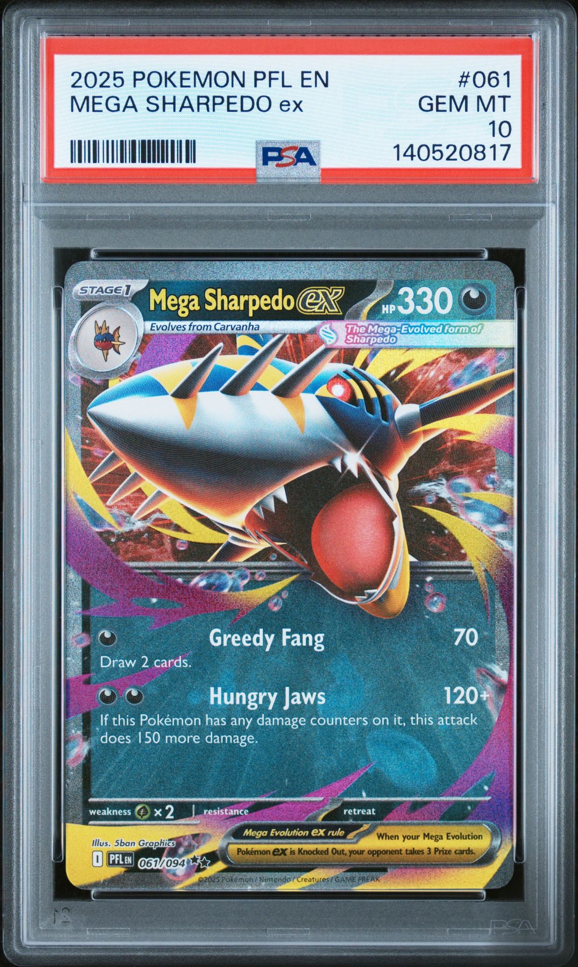 2025 Pokemon Pfl En-Phantasmal Flames Mega Sharpedo Ex #061 Gem Mt 10 front