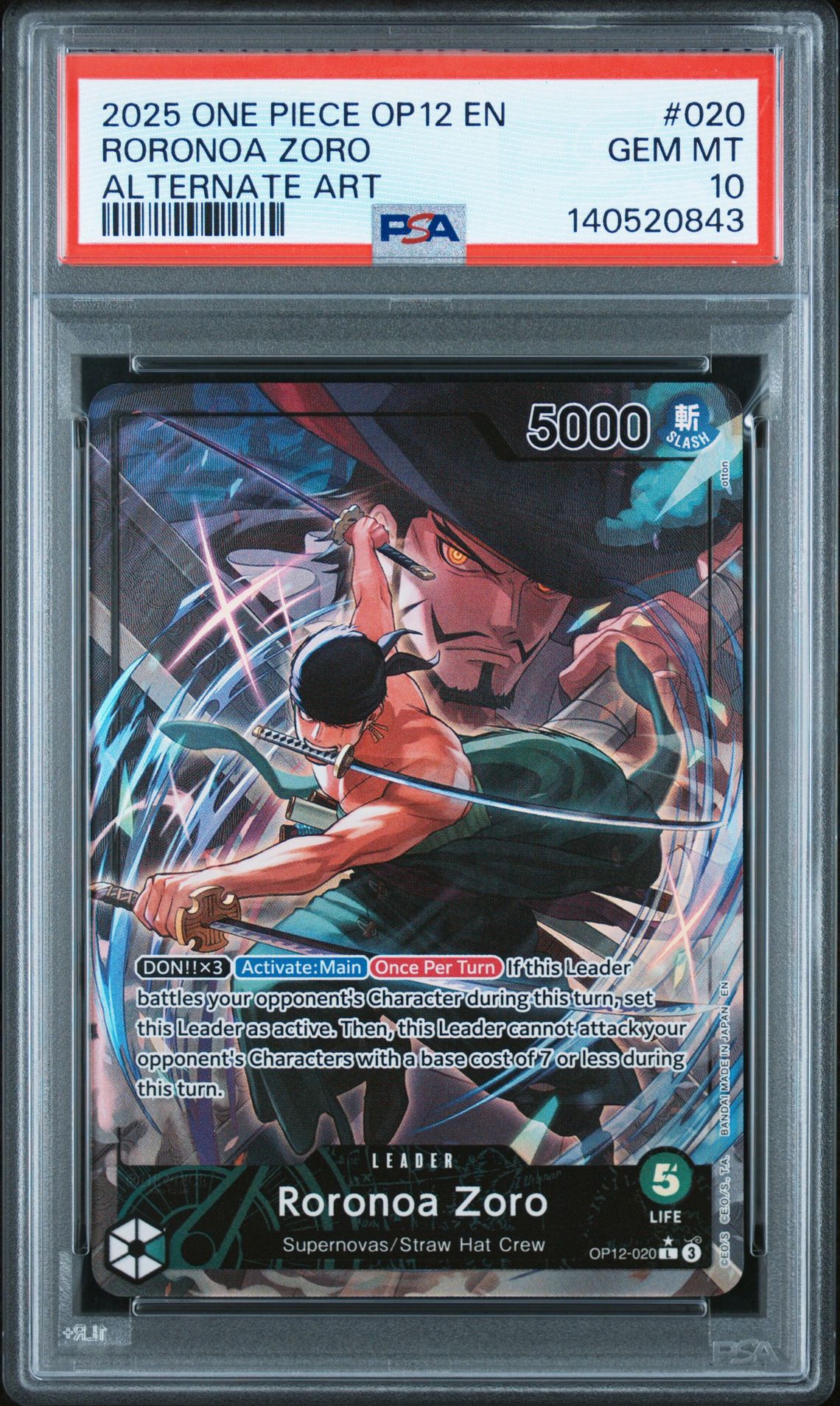 2025 One Piece Op12-Legacy Of The Master Roronoa Zoro #020 (Alternate Art) Gem Mt 10 front